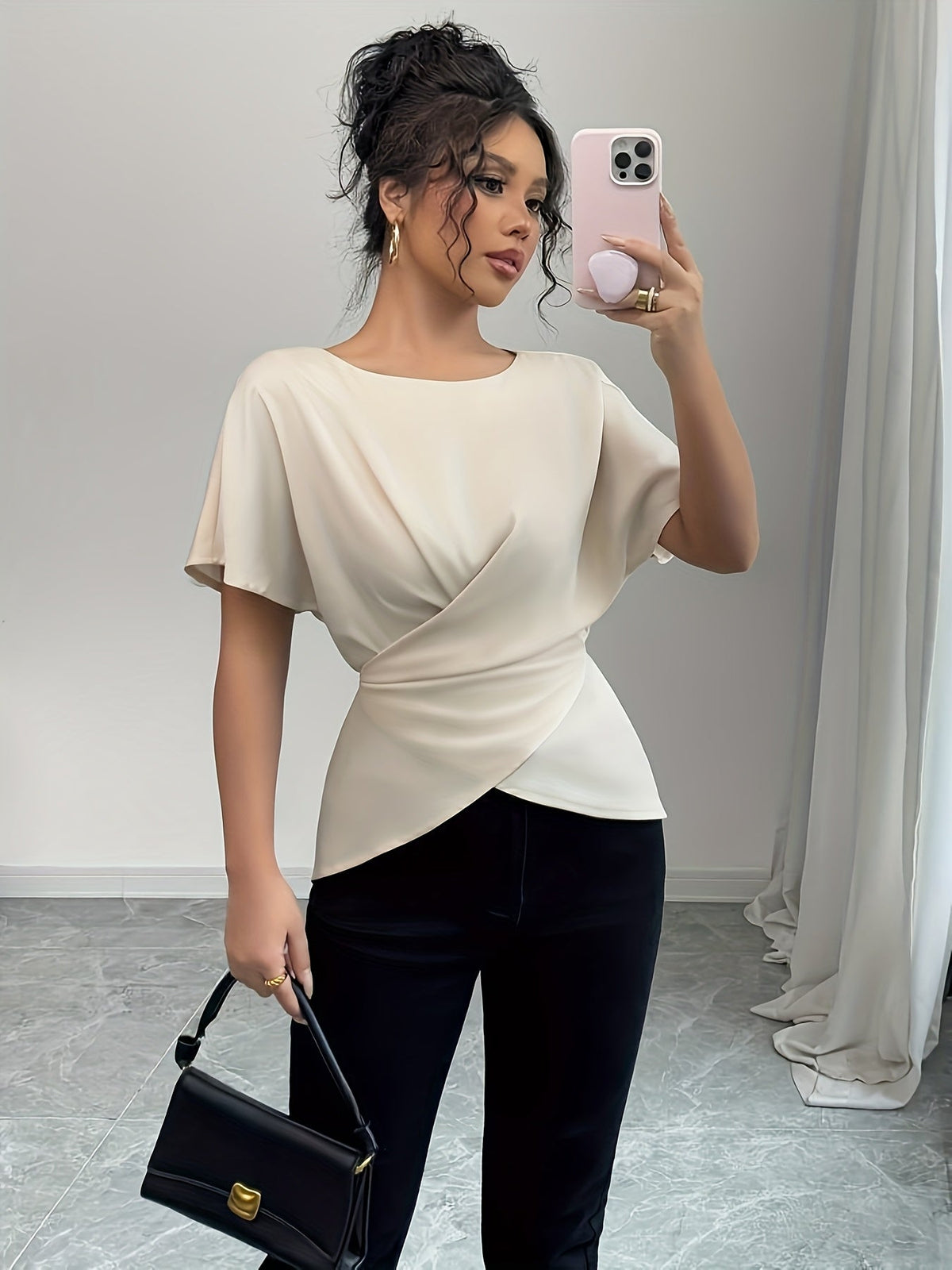 SHOWLU Women's off-shoulder asymmetrical hem blouse with short sleeves, stylish and casual top for modern fashion.