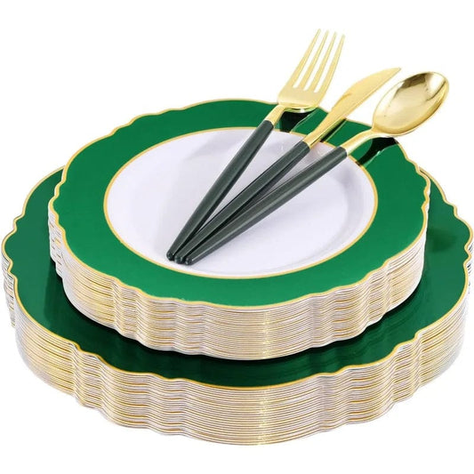 30Guest Green Plastic Plates - Gold Plastic Silverware With Green Handle - Christmas Plates Disposable - Baroque Green - SHOWLU FASHION STORE