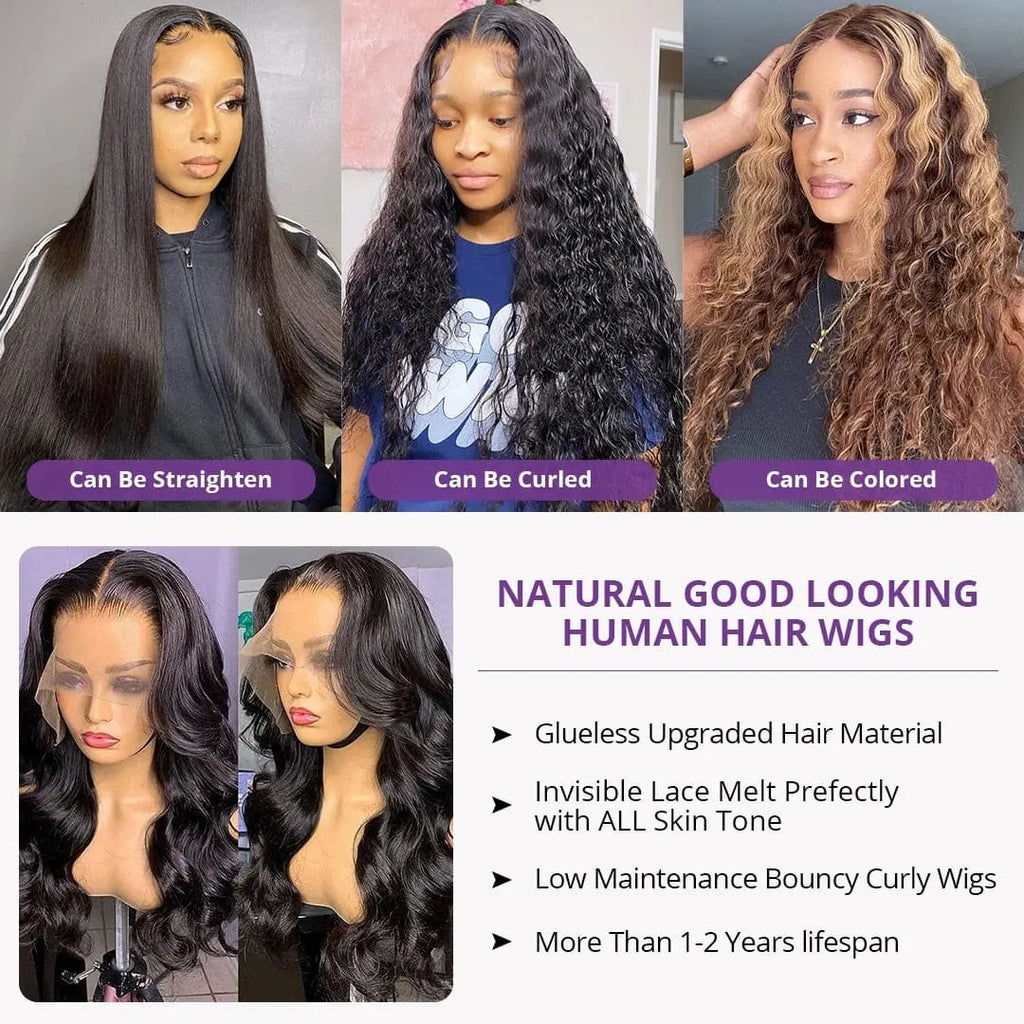 Anel Demosthene 30-inch body wave lace front wig with 180% density, featuring a 13x4 HD lace frontal and natural human hair.