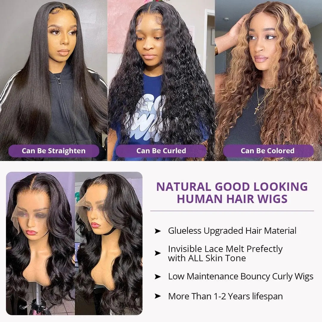 Anel Demosthene 30-inch body wave lace front wig with 180% density, featuring a 13x4 HD lace frontal and natural human hair.