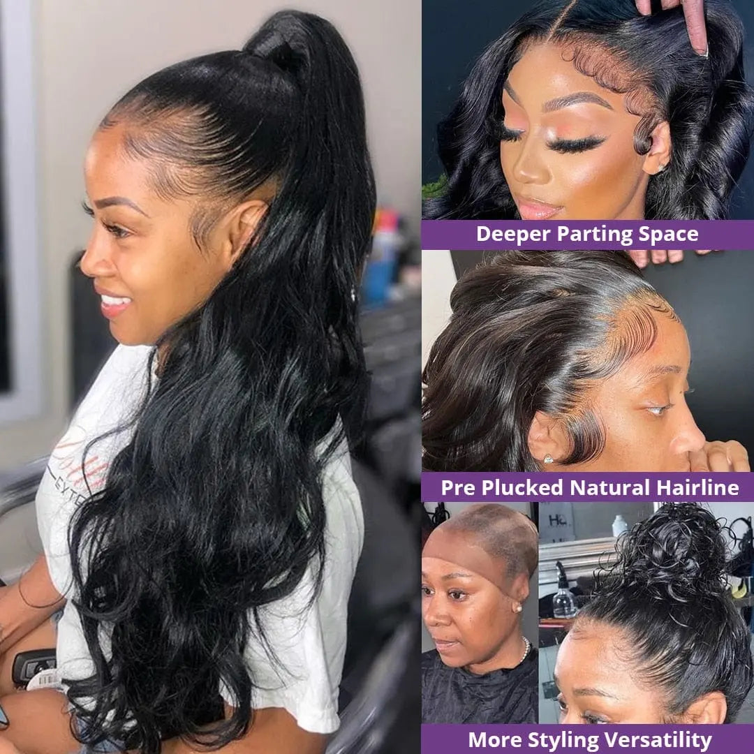 Anel Demosthene 30-inch body wave lace front wig with 180% density, showing the natural hair texture and lace frontal detail.