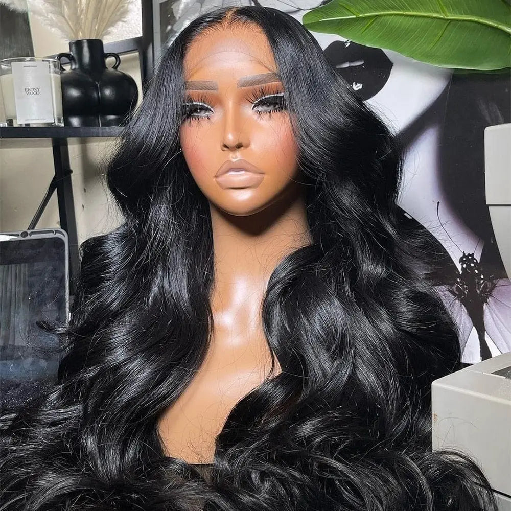Anel Demosthene 30-inch body wave lace front wig with 180% density, showing the human hair style and lace frontal detail.