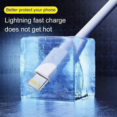 A USB-C to Lightning cable is partially embedded in a large, translucent ice cube.