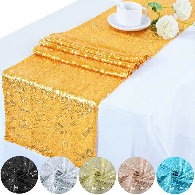 Sequin mesh table runner in gold with embroidered details, 30x180cm, ideal for wedding, birthday, and banquet table decor.