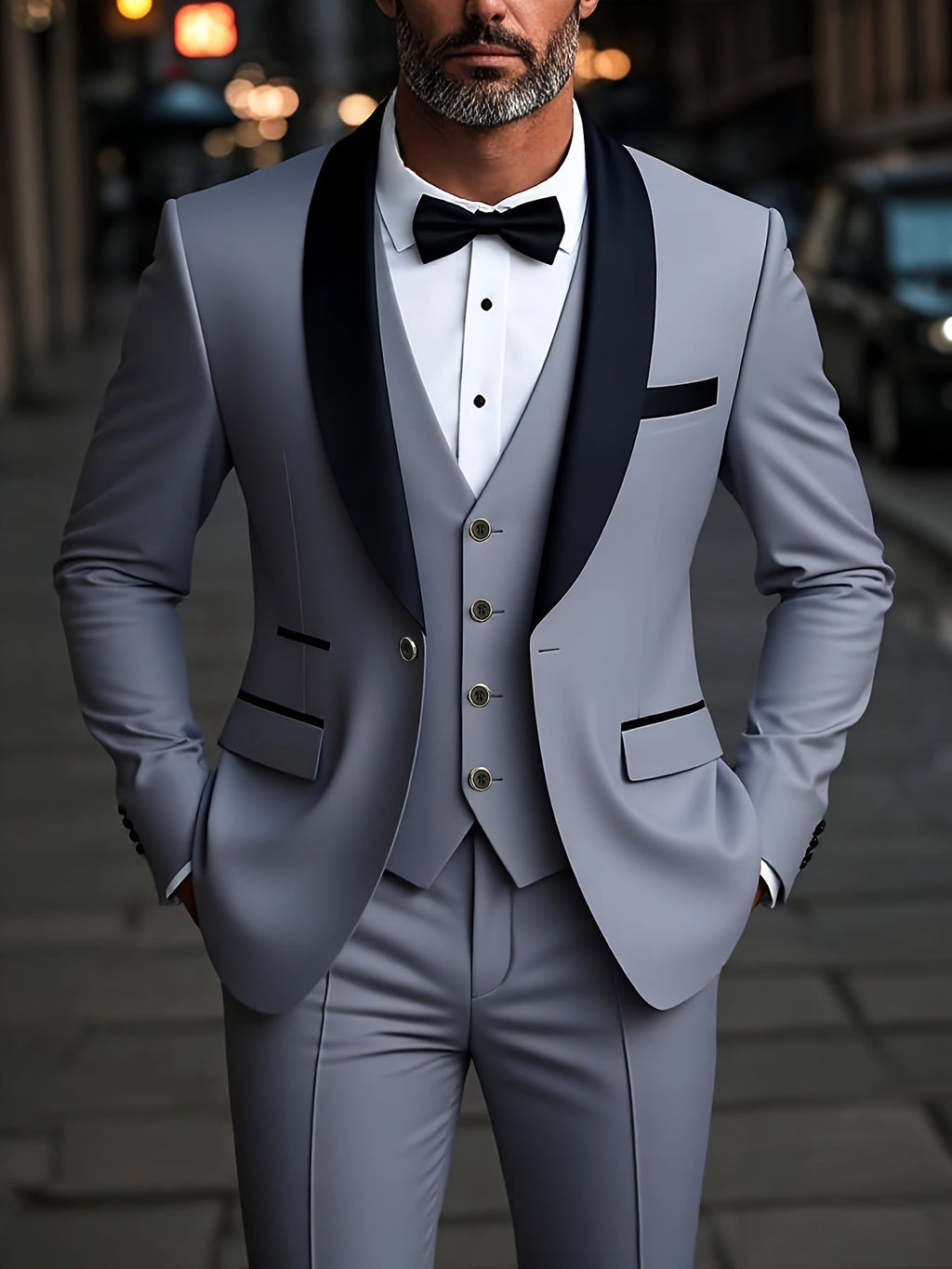 SHOWLU FASHION men's 3-piece suit with shawl collar jacket, matching vest and pants, displayed on a hanger.