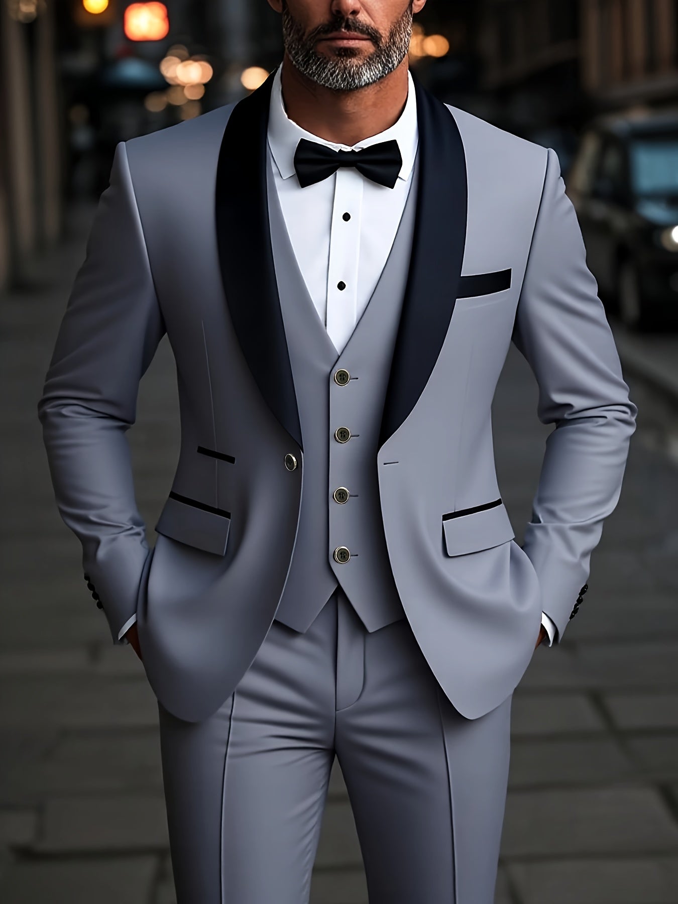 SHOWLU FASHION men's 3-piece suit with shawl collar jacket, matching vest and pants, displayed on a hanger.