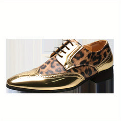 [Leopard Print Oxfords] Stylish Men's Leopard Print Oxfords - Golden Accents Dress Shoes with Brogue Detailing for Weddings, Parties & Business Casual Events