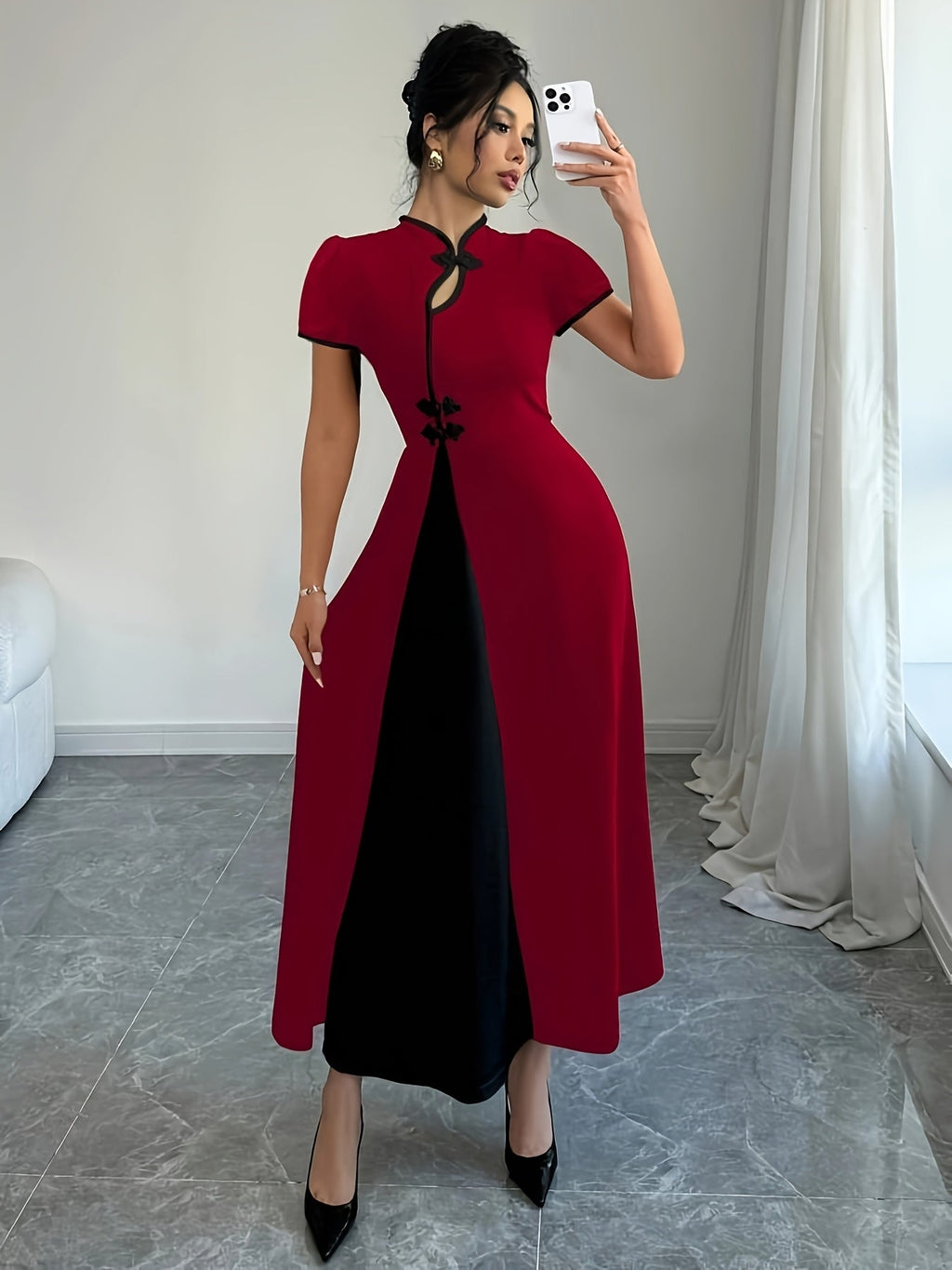 Elegant women's V-neck fitted knit dress by SHOWLU FASHION in solid color, showcasing a stylish and form-fitting design.