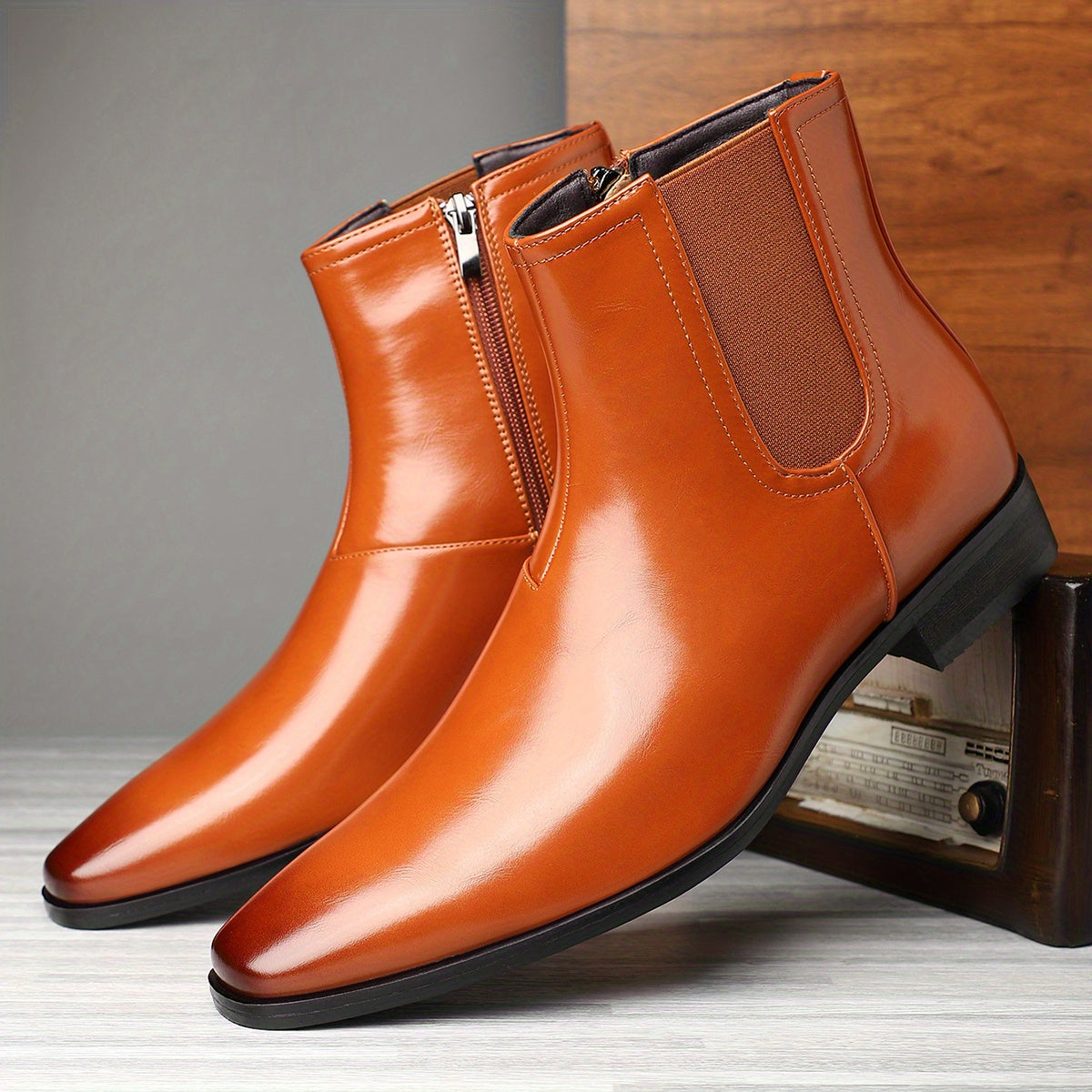 SHOWLU Men's retro brown ankle boots with side zipper, made of PU leather, stylish men's footwear for casual and smart looks