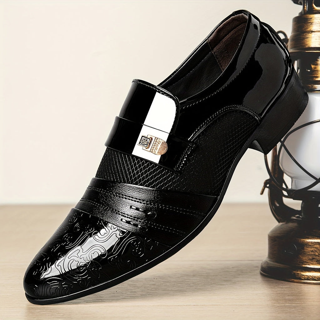 Men's black slip-on dress shoes with embossed finish and pointed toe, stylish loafers from SHOWLU FASHION STORE.