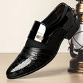 Men's black slip-on dress shoes with embossed finish and pointed toe, stylish loafers from SHOWLU FASHION STORE.