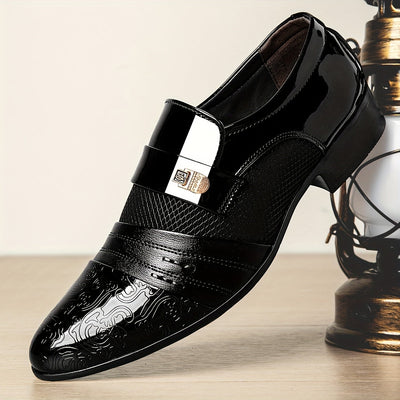 SHOWLU Men's Black Embossed Slip-On Dress Shoes | Pointed Toe Loafers