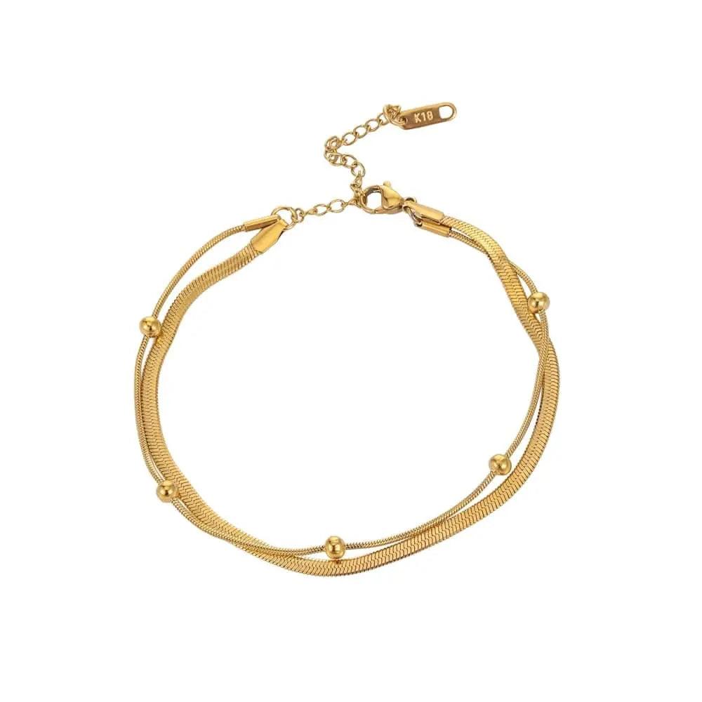 Gold stainless steel double-layer anklet for women, waterproof leg chain with trendy design, perfect for casual or party wear.