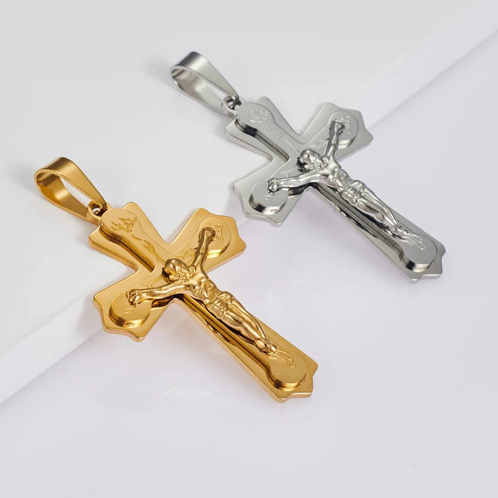 Vintage Michley men's stainless steel cross pendant necklace, 35mm wide chain with detailed cross design jewelry.