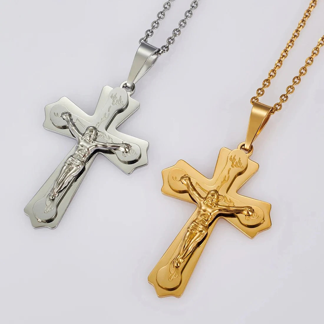 Vintage Michley men's stainless steel cross pendant necklace with 35mm width, featuring a sleek chain and classic design.
