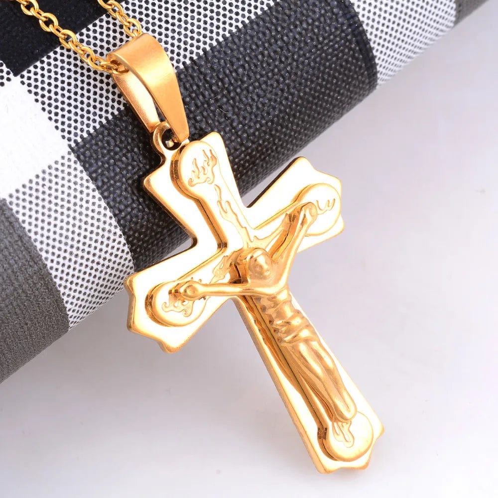 Vintage men's stainless steel cross pendant necklace with 35mm chain, showcasing a classic design and durable jewelry style.