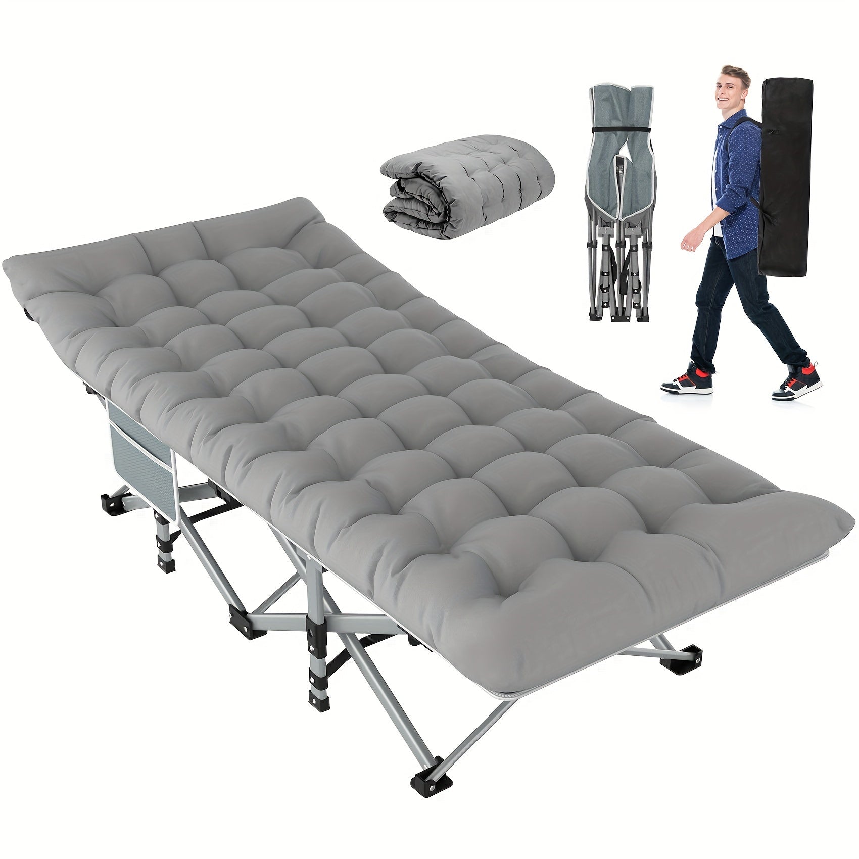 Heavy-duty SUTECK folding camping cot with soft pad, made of durable 1200D Oxford fabric, ideal for outdoor camping and travel.