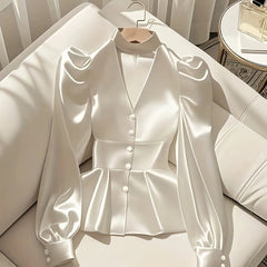 Women's Elegant Halter Neck Long Sleeve Blouse - Double Button Cuffs & Waist-Cinching Design, Luxurious Non-Stretch Fabric, Solid Color Office Work Commute Formal Attire, Spring/Autumn Versatile Professional Chic Shirt, Busin
