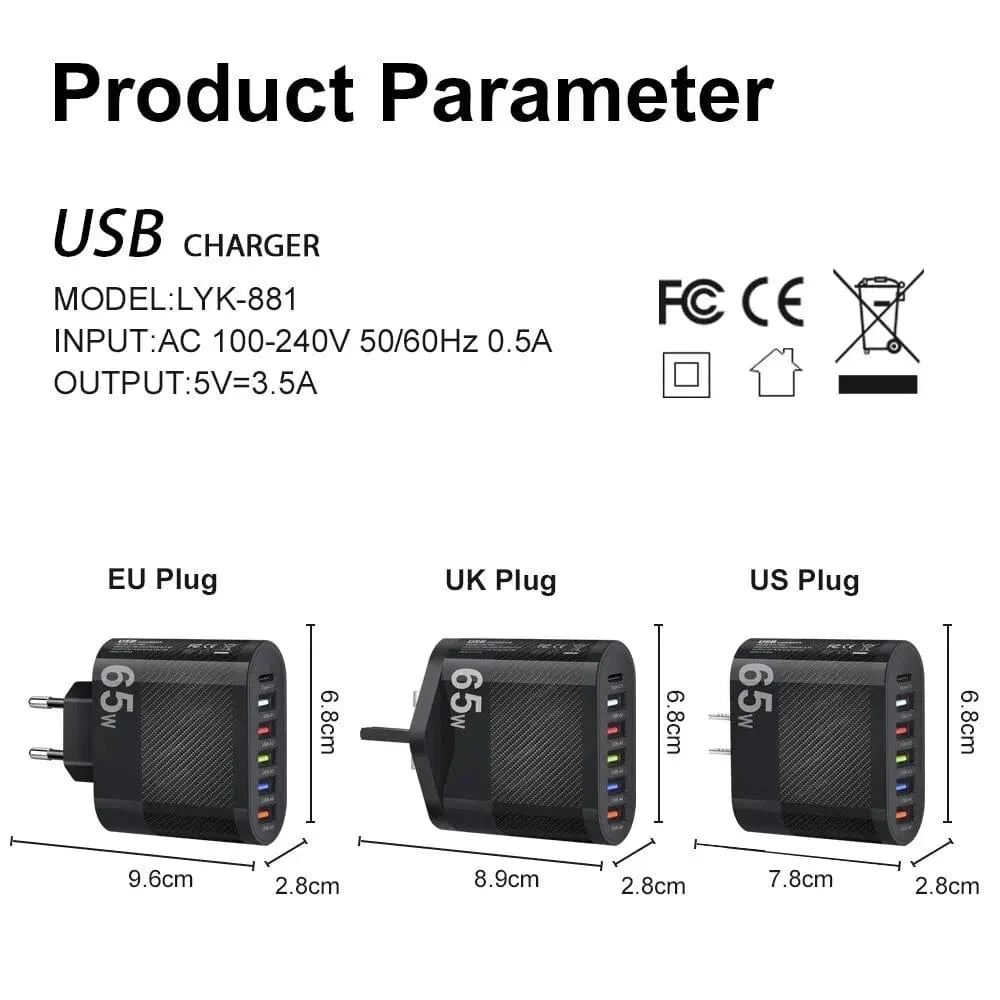 Showlu 5-Port USB Wall Charger with 15W PD Type C fast charging port for Xiaomi, iPhone 13, Samsung, and other mobile devices.