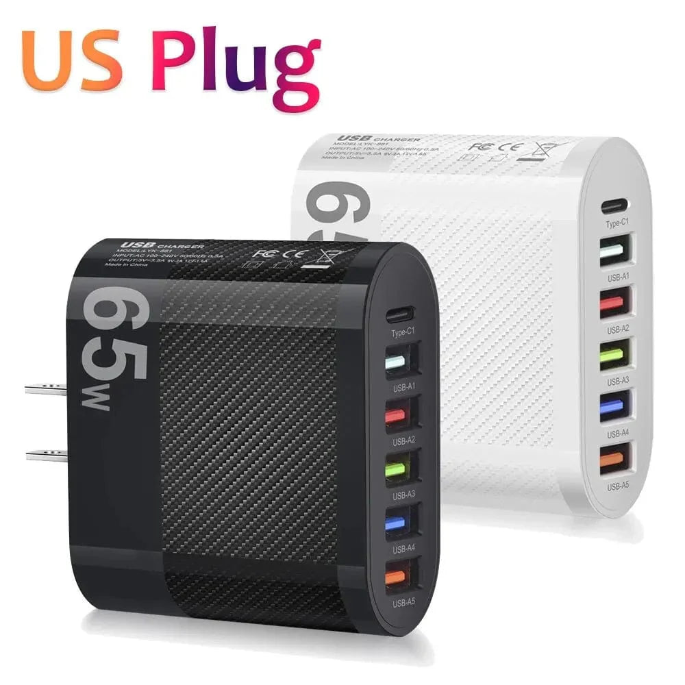 Showlu 5-Port USB Wall Charger with 15W PD Type C fast charging adapter for Xiaomi, iPhone 13, Samsung, and other mobile devices.