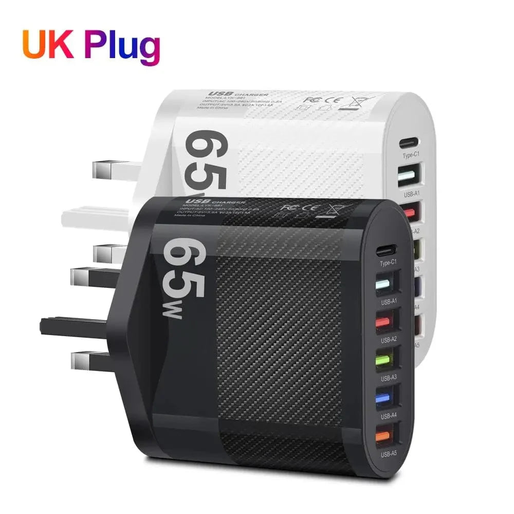 Showlu 5-Port USB Wall Charger with 15W PD Type C fast charging adapter for Xiaomi, iPhone 13, Samsung mobile phones, and more.