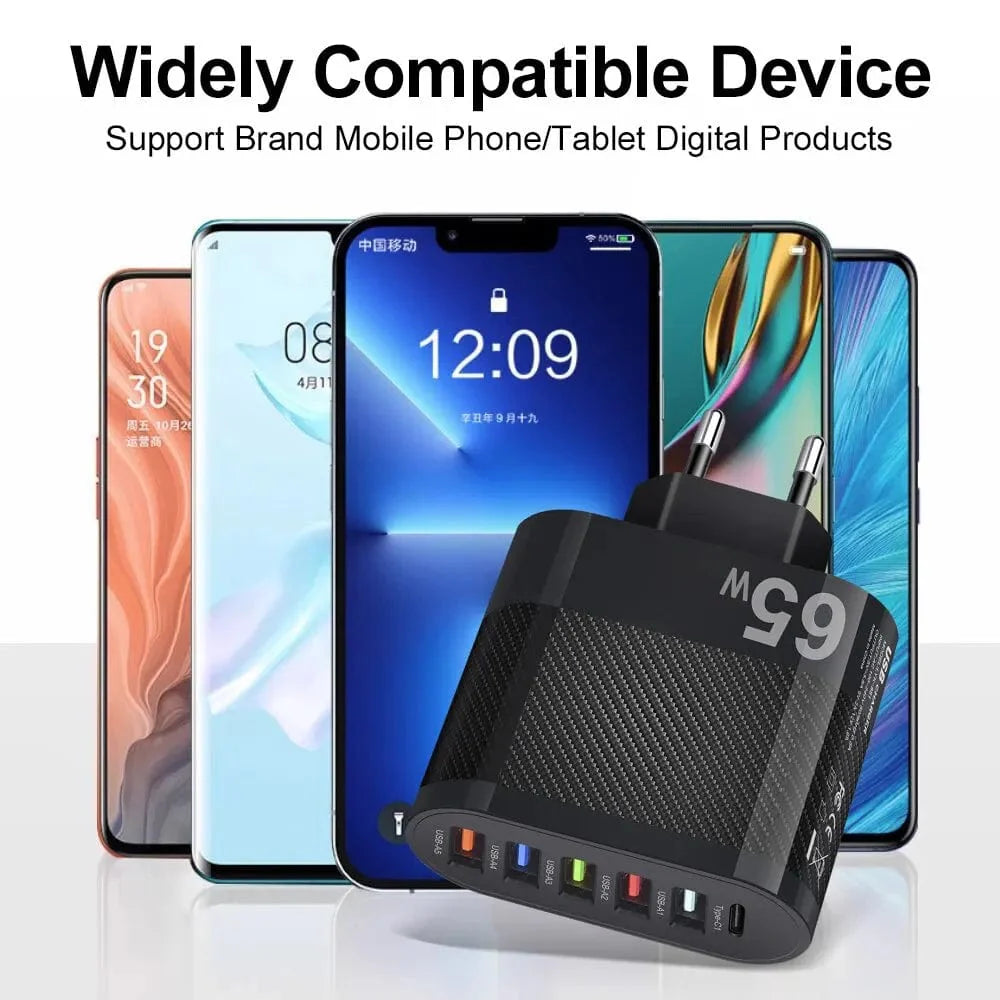 Showlu 5-Port USB Wall Charger with 15W PD Type C fast charging for Xiaomi, iPhone 13, Samsung, and other smartphones.