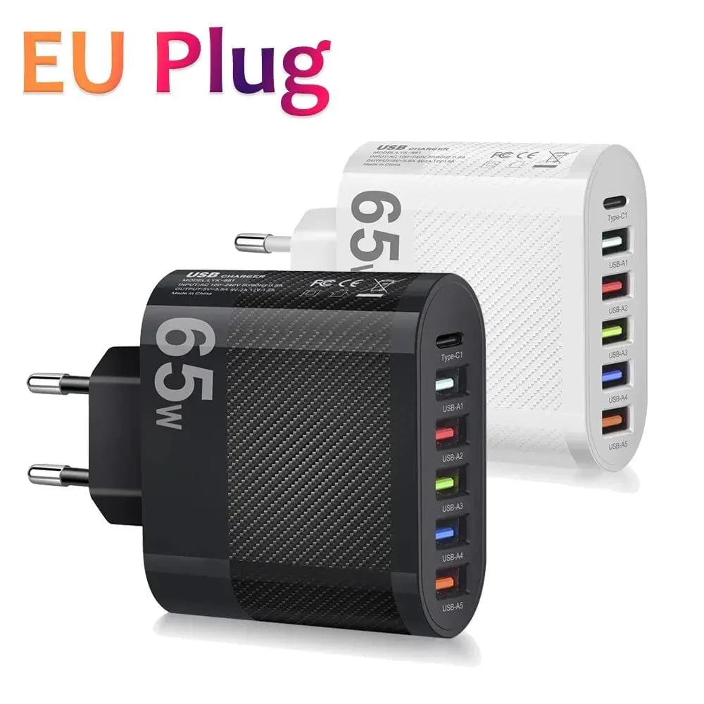 Showlu 5-Port USB Wall Charger with 15W PD Type C fast charging for Xiaomi, iPhone 13, Samsung, and mobile devices.