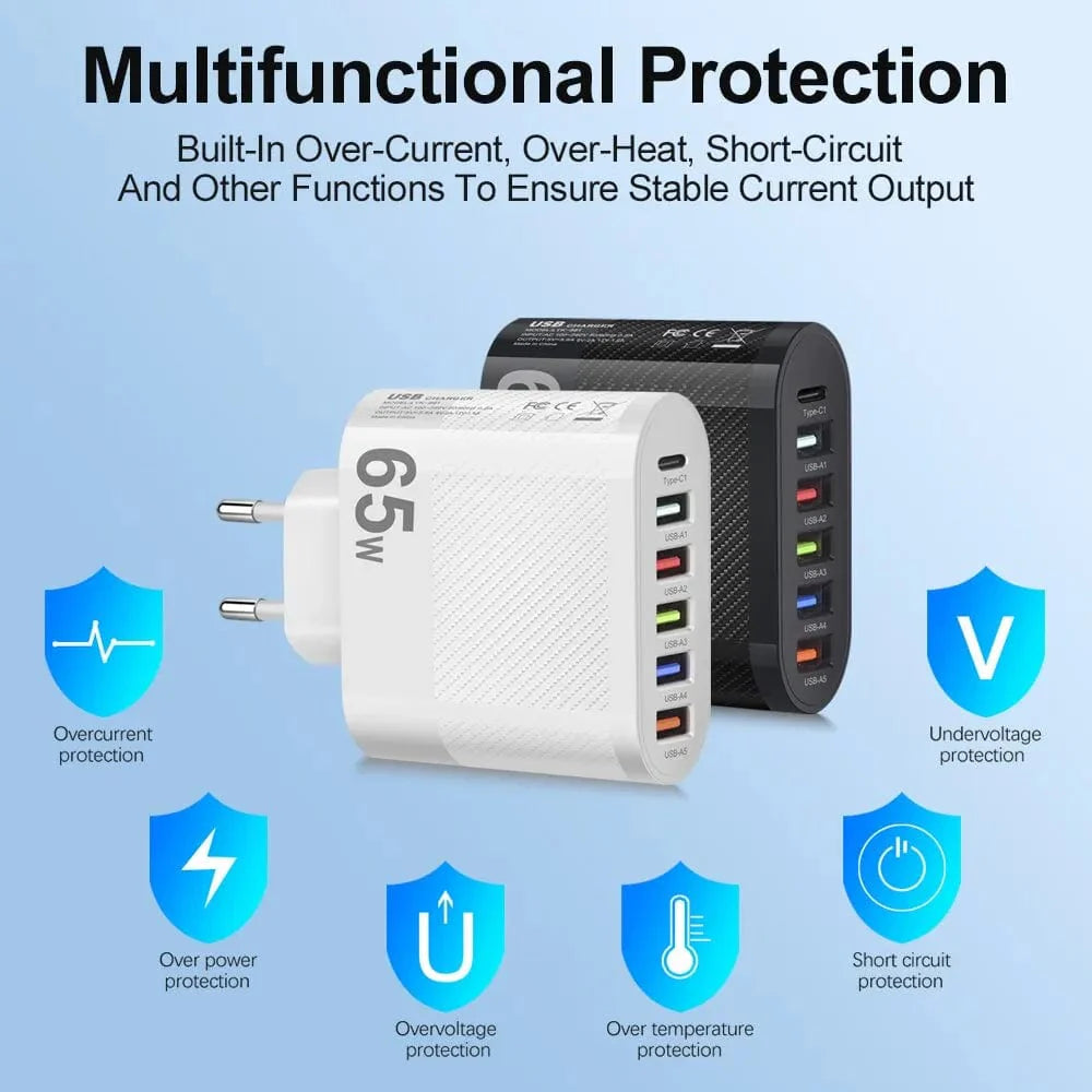 Showlu 5-Port USB wall charger with 15W PD Type C fast charging, compatible with Xiaomi, iPhone 13, Samsung phones, and more
