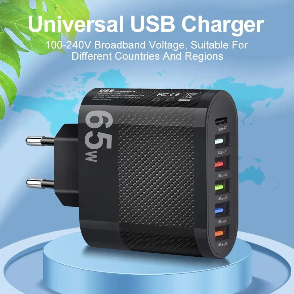 Showlu 5-Port USB Wall Charger with 15W PD Type C fast charging for Xiaomi, iPhone 13, Samsung, and other smartphones.