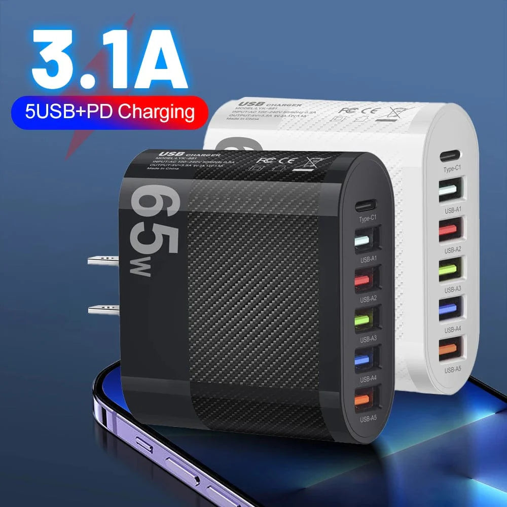 Showlu 5-Port USB wall charger with 15W PD Type C fast charging adapter for Xiaomi, iPhone 13, Samsung, and other mobile devices.