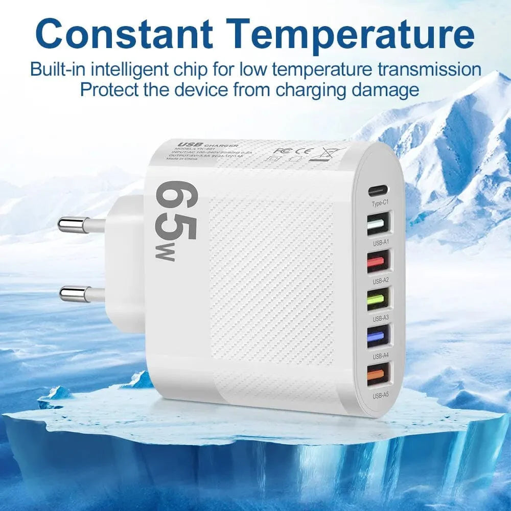 Showlu 5-Port USB Wall Charger with 15W PD Type C fast charging adapter for Xiaomi, iPhone 13, Samsung, and other smartphones