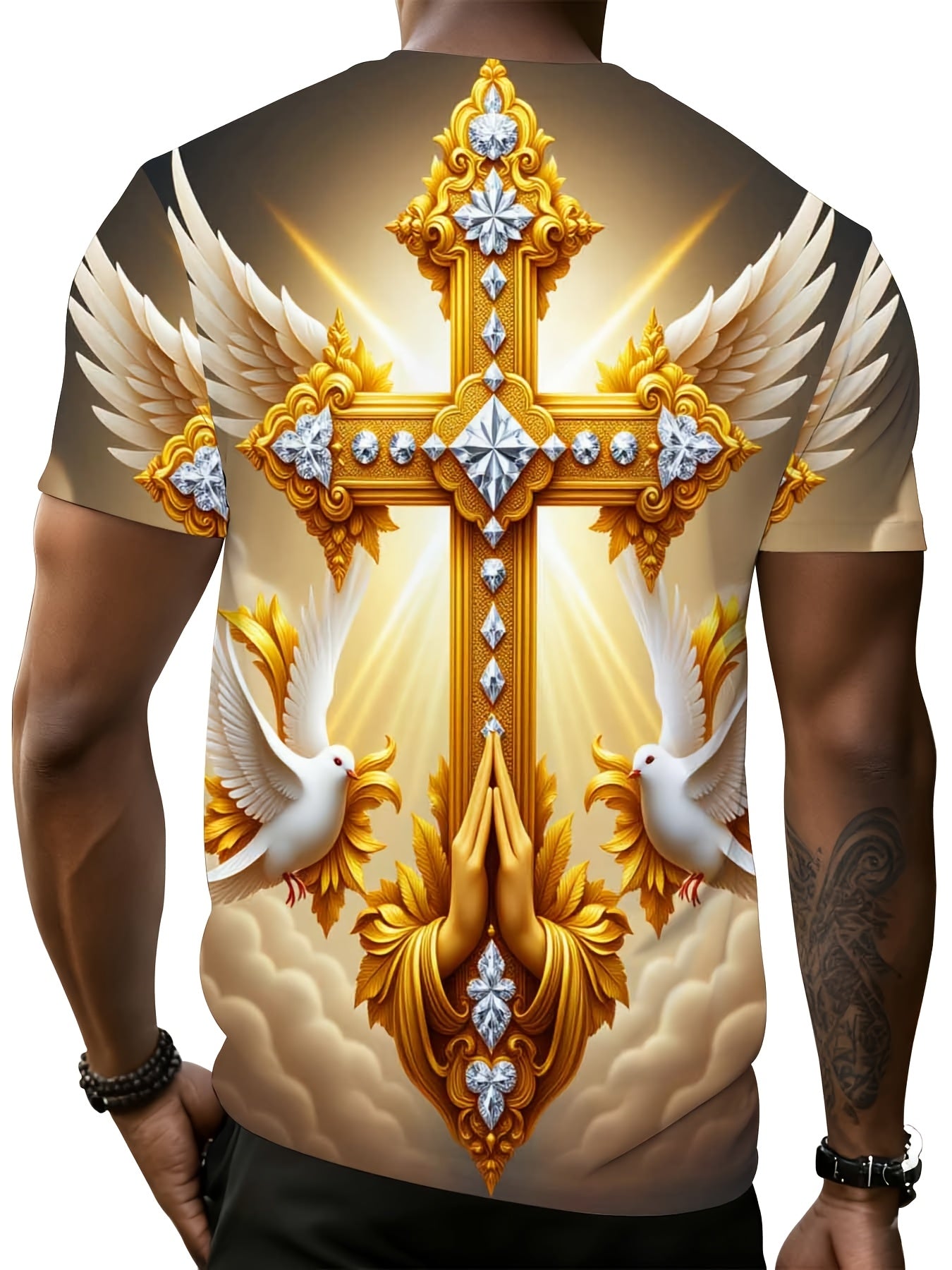 Men's Showlu Golden Cross Wings Christian faith T-shirt featuring a gold cross and wings design on a polyester fabric.