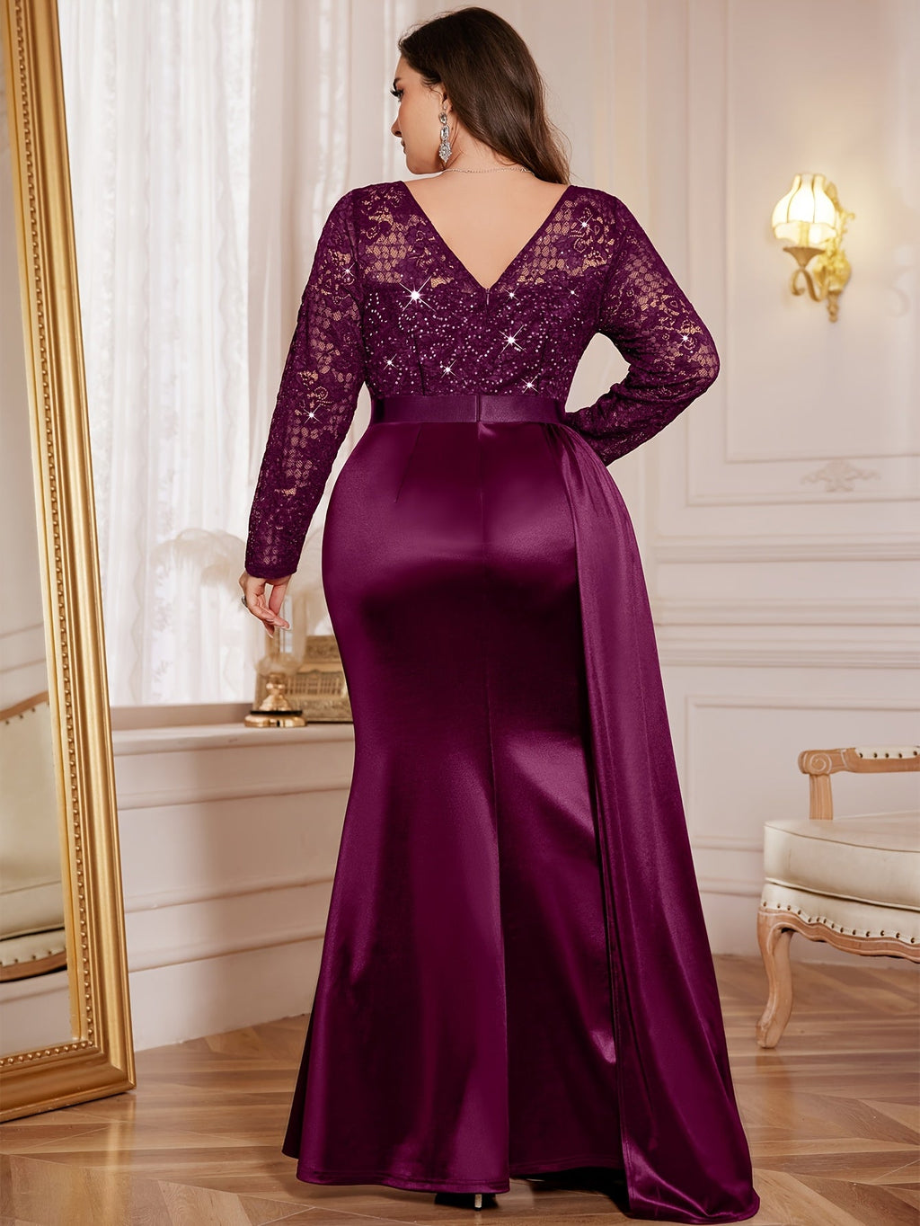 SHOWLU FASHION plus size mermaid gown with sequin lace, V-neck, and long sleeves, featuring a flowing skirt and elegant design.