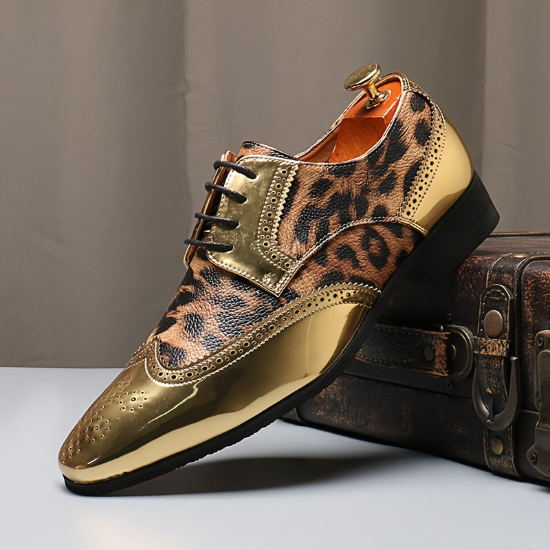 SHOWLU men's leopard print oxford dress shoes with pointed toe and brogue detailing, stylish men's footwear for formal occasions