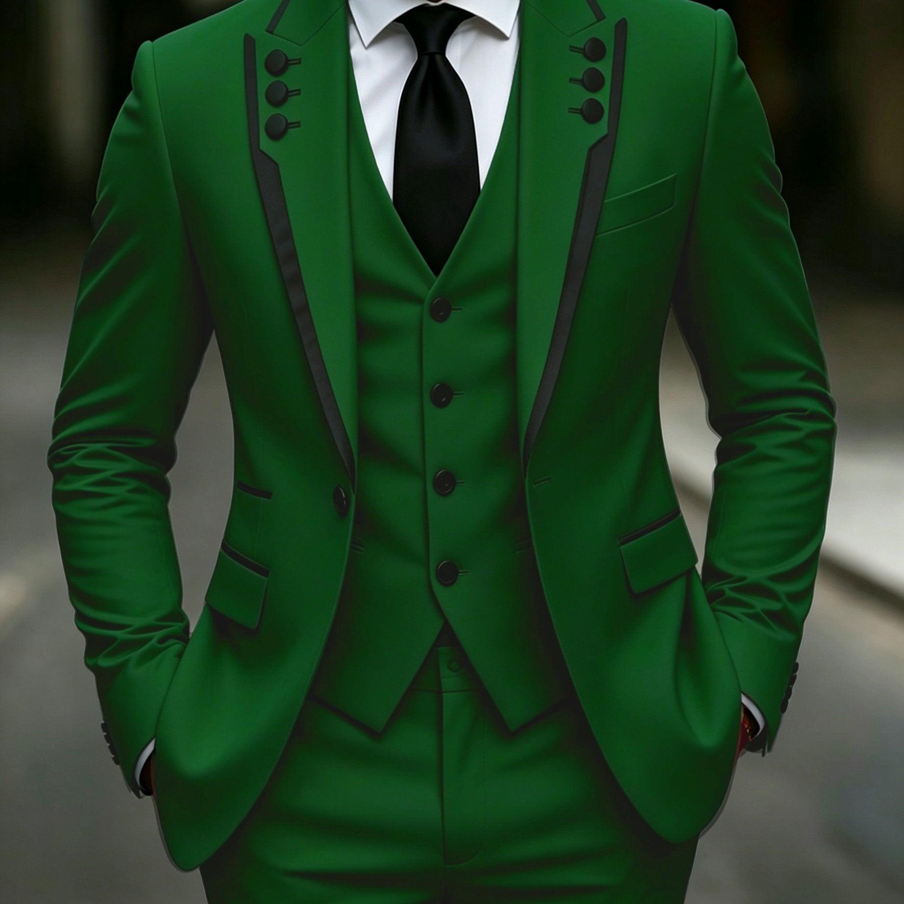 Men's black lapel fringed 3-piece suit set by Showlu Smart General, formal party, wedding, festival, or graduation dress style.