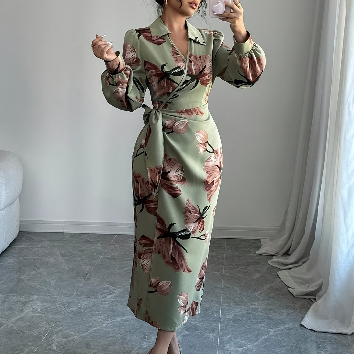 [Elegant French Dress] Elegant V-Neck French Floral Print Dress | Mid-Length Lace-Up Bodycon Midi Dress for Women - Perfect for Spring/Fall Commute & Vacation