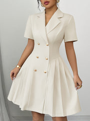 [Elegant Dress] Elegant Women's Office to Party Dress | Structured A-Line Skirt with Double Button Front, Beige, Non-Stretch Formal & Casual Attire for Business, Events - Machine Washable, Fitted Waist Silhouette