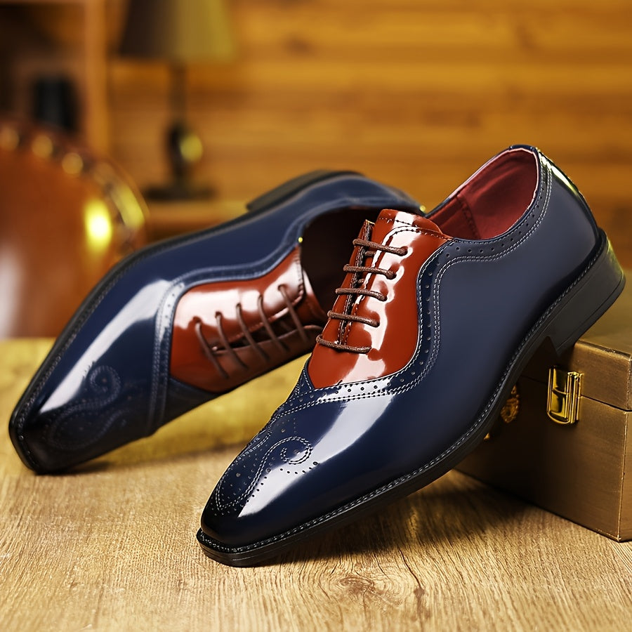 Showlu Fashion men's lace-up wedding shoes with round toe, made of black PU leather, casual style for formal occasions.