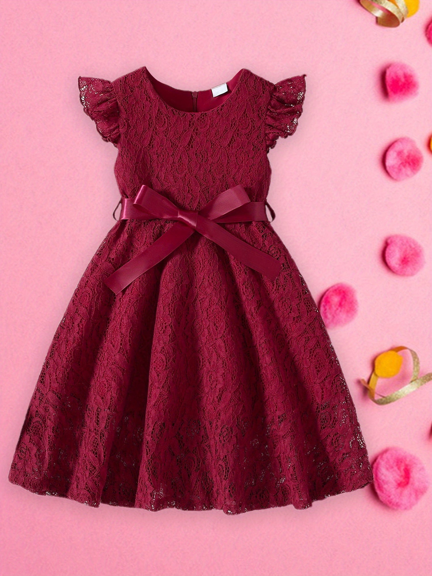 SHOWLU Girls lace fly sleeve summer dress with belt, solid color woven design, perfect for warm weather and casual occasions.