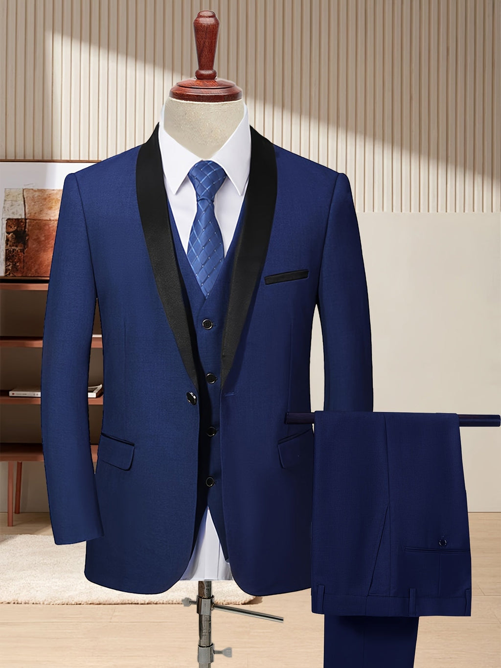 Men's slim fit wedding suit by SHOWLU FASHION, 3-piece tuxedo set with shawl collar, includes jacket, vest, and trousers.