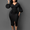 Black V-neck sheath dress by SHOWLU FASHION STORE featuring elegant frill detail and a fitted bodycon silhouette.