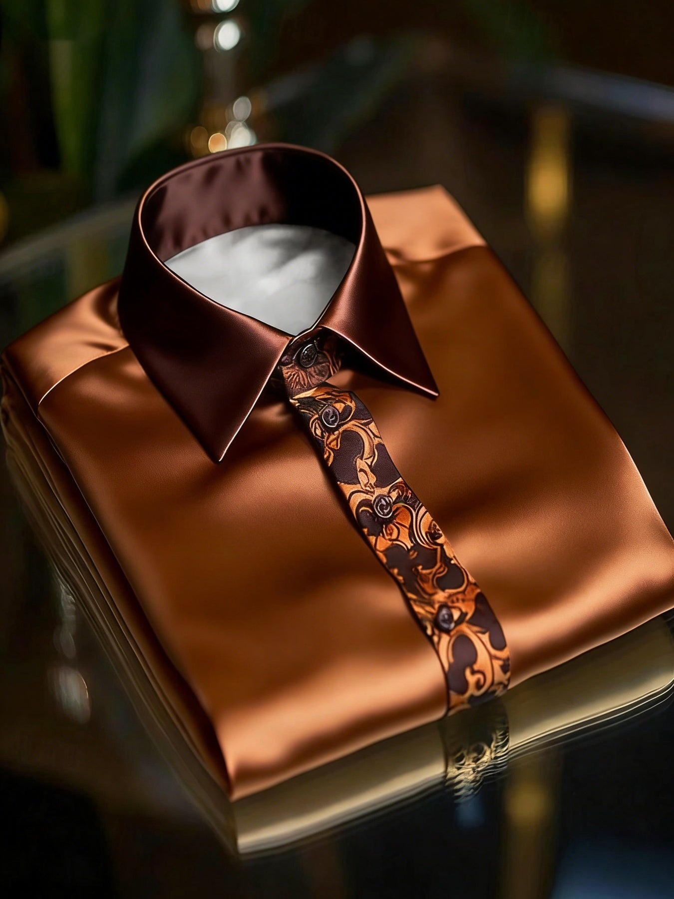 Showlu men's vintage brown mandarin collar button-up shirt made of polyester, displayed on a plain background.