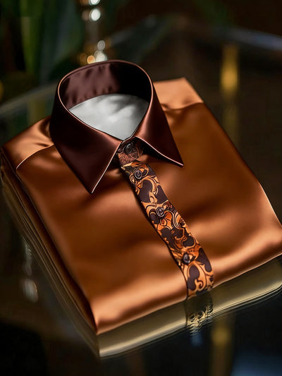 Showlu Men's Vintage Mandarin Collar Button-Up Shirt – Brown Polyester