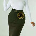 SHOWLU FASHION floral belted bodycon skirt with split back, made of soft jersey knit fabric, showcasing a stylish and fitted design.
