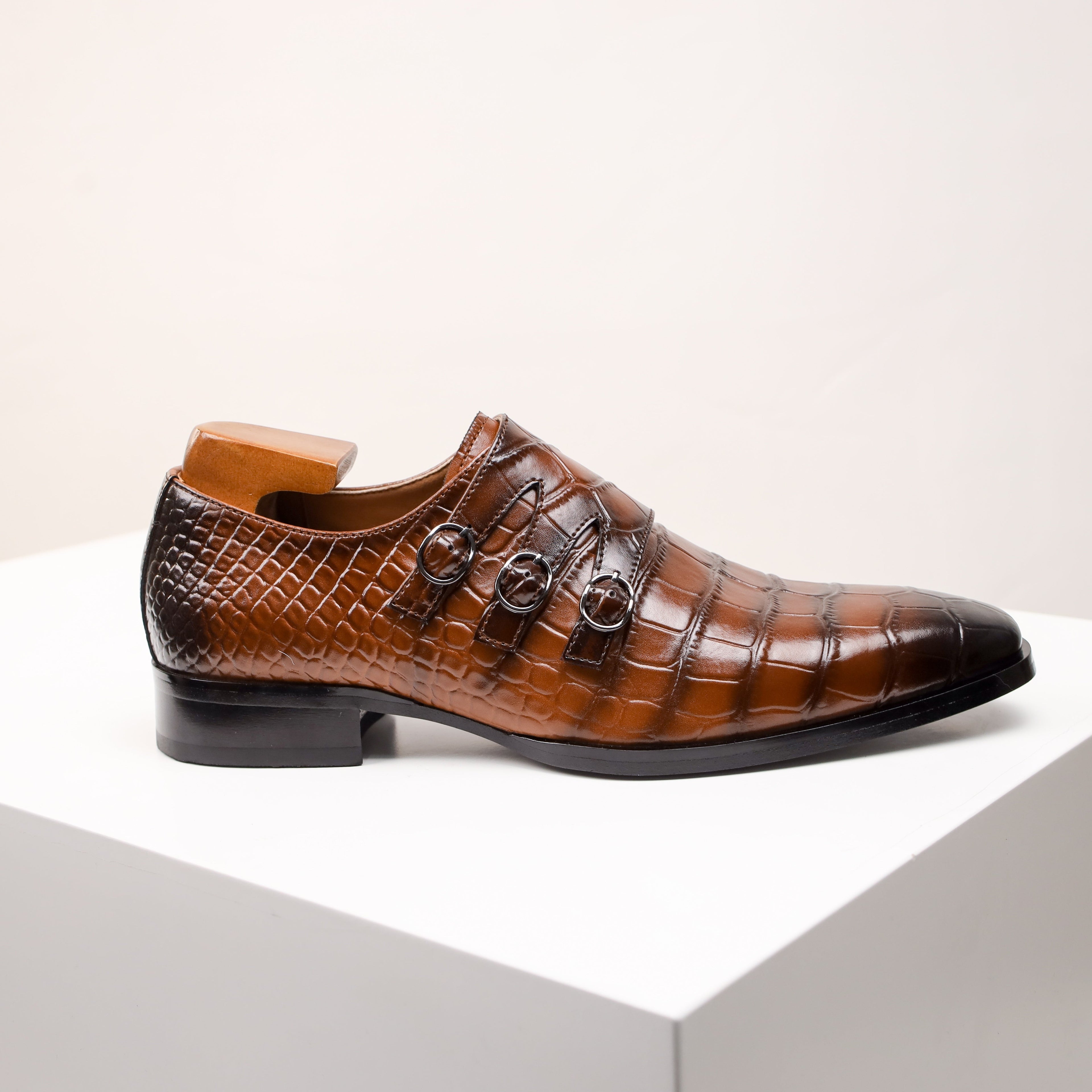 SHOWLU Men's Monk Strap Oxfords in split cow leather with square toe, stylish men's dress shoes for formal occasions