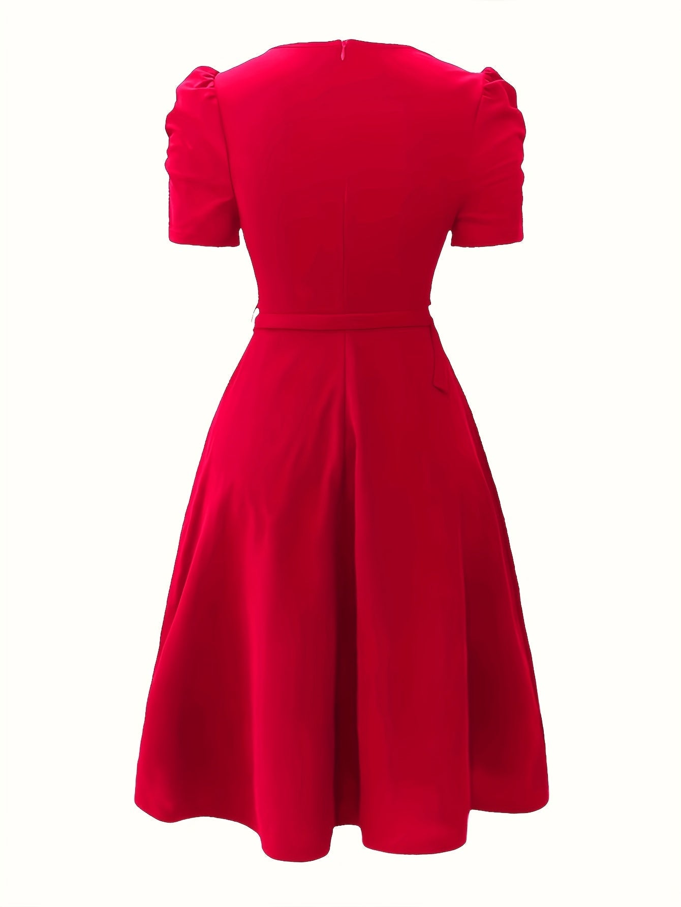 Red SHOWLU Women's V-Neck Ruffle Hem A-Line Dress made of polyester, featuring a stylish ruffle detail and elegant design.