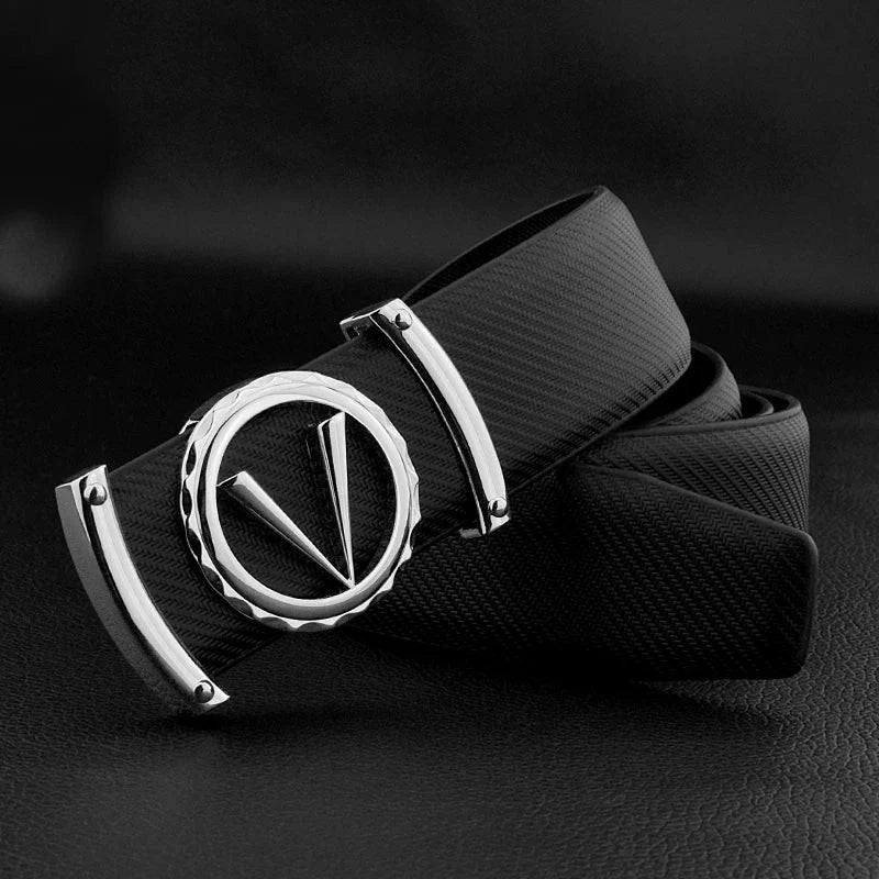 SHOWLU FASHION men's V letter designer belt in white split leather, 3.3cm wide, featuring a luxury high-quality genuine leather strap.