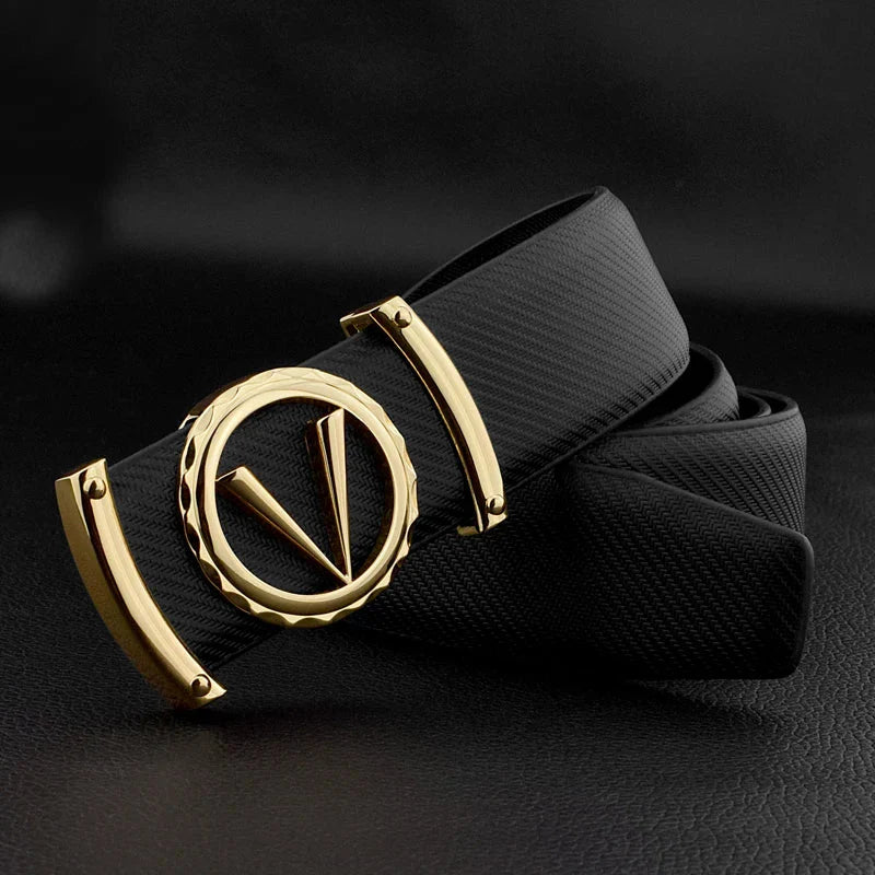 SHOWLU FASHION men's V letter designer belt in white split leather, 3.3cm wide, featuring a luxury V-shaped buckle.