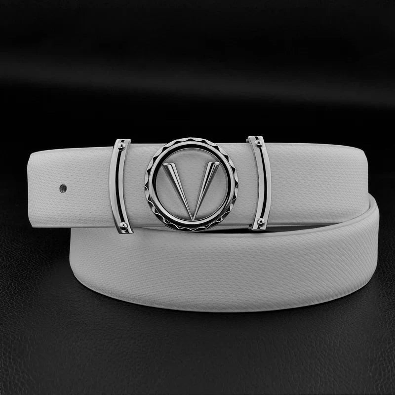SHOWLU FASHION men's V letter designer belt in white split leather, 3.3cm wide, featuring a luxury high-quality genuine leather strap.