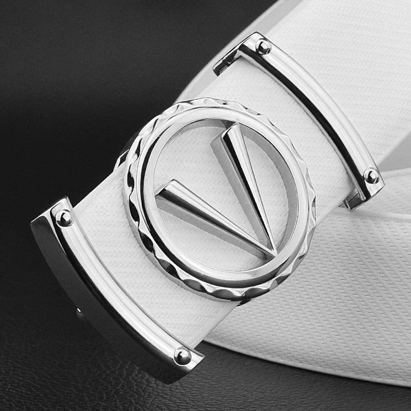 SHOWLU FASHION men's V letter designer belt in white split leather, 3.3cm wide, with high-quality genuine cowhide for stylish wear.